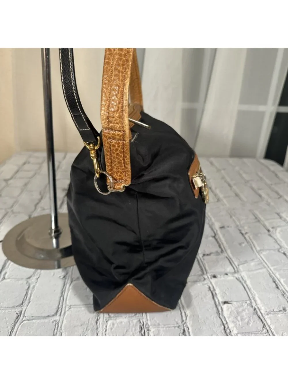 Michael Kors Black Cognac Shoulder Bag With Tan Leather Trim Medium Purse